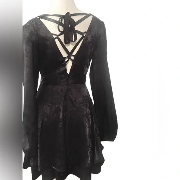 SOLD - Allison & Kelly Gothic Black Brocade Silky Backless Ruffle Mini Dress - Picture 3 of 8